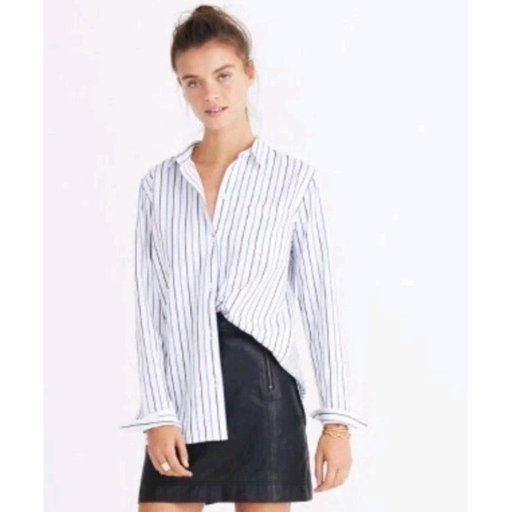 Madewell White Button-Down Shirt with Navy Pinstripes